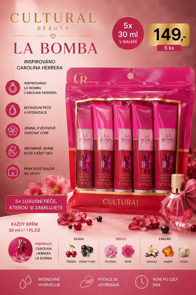 PARFÉMOVANÉ KRÉMY NA RUCE LA BOMBA 5×30 ML | INSPIROVÁNO CAROLINA HERRERA LA BOMBA