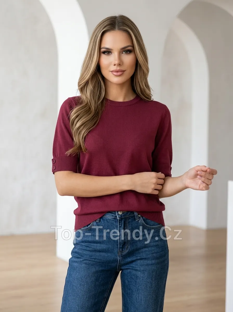 DÁMSKÝ JEMNĚ PLETENÝ TOP S OZDOBNÝMI KNOFLÍKY NA RUKÁVECH ROMANE
